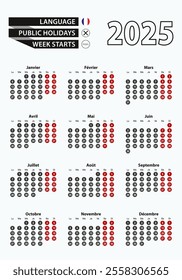 Vector template calendar 2025 with number in circles, simple French calendar Vector illustration.