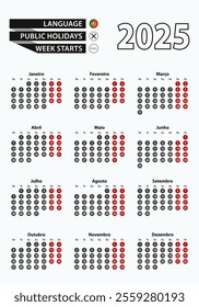 Vector template calendar 2025 with number in circles, simple Portuguese calendar for year 2025. Vector illustration.