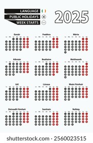 Vector template calendar 2025 with number in circles, simple Irish calendar for year 2025. Vector illustration.