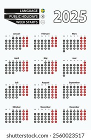 Vector template calendar 2025 with number in circles, simple Swedish calendar for year 2025. Vector illustration.