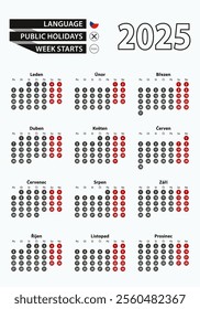 Vector template calendar 2025 with number in circles, simple Czech calendar for year 2025. Vector illustration.