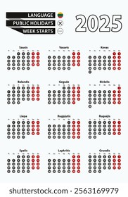 Vector template calendar 2025 with number in circles, simple Lithuanian calendar for year 2025. Vector illustration.