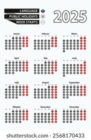 Vector template calendar 2025 with number in circles, simple Slovenian calendar for year 2025. Vector illustration.