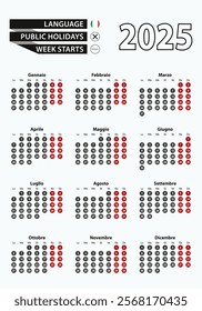 Vector template calendar 2025 with number in circles, simple Italian calendar for year 2025. Vector illustration.