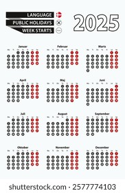 Vector template calendar 2025 with number in circles, simple Danish calendar for year 2025. Vector illustration.