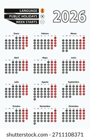 Calendário modelo vetor 2026 com número em círculos, calendário espanhol simples para o ano 2026. Ilustração vetorial.