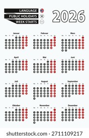 Calendario de Plantilla de Vector 2026 con número en círculos, calendario noruego simple para el año 2026. Ilustración vectorial.