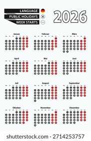 Vector template calendar 2026 with number in circles, simple German calendar for year 2026. Vector illustration.