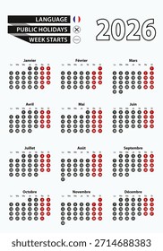 Vector template calendar 2026 with number in circles, simple French calendar Vector illustration.