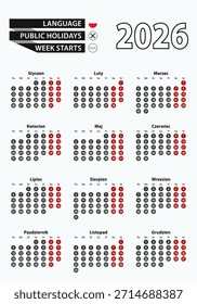 Vector template calendar 2026 with number in circles, simple Polish calendar for year 2026. Vector illustration.