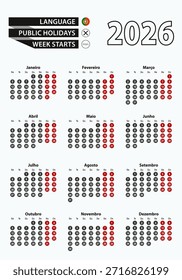 Calendário modelo vetor 2026 com número em círculos, calendário português simples para o ano 2026. Ilustração vetorial.