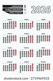 Vektor Vorlage Kalender 2026 mit Zahl in Kreisen, einfacher kroatischer Kalender für das Jahr 2026. Vektorgrafik.