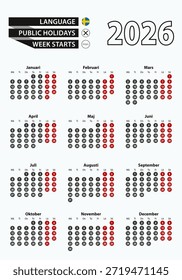 Calendário modelo vetor 2026 com número em círculos, calendário sueco simples para o ano 2026. Ilustração vetorial.