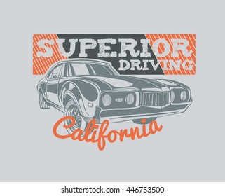 vector template california design graphics for t-shirt print. illustration of vintage car show superior old school label or t-shirt print, badge or applique.