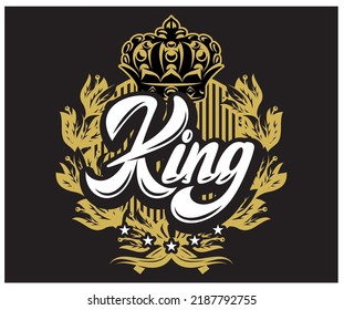 Vector template with calligraphic inscription king, crown and wreath on black background.