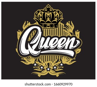 Vector template with calligraphic inscription Queem, crown and wreath on black background.