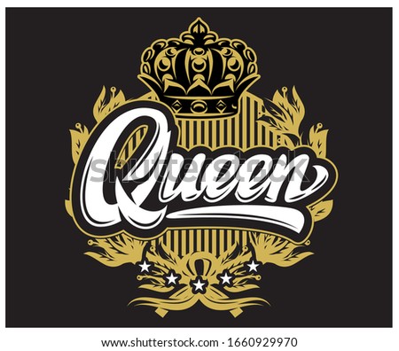 Vector template with calligraphic inscription Queem, crown and wreath on black background.