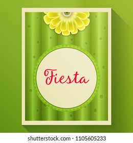 Vector template of card with abstract pattern of green cactus for background, big flower of cactus and circle frame for greeting text