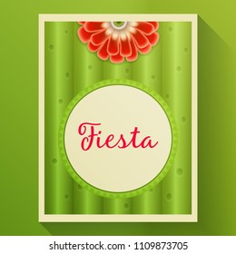 Vector template of card with abstract pattern of green cactus for background, big flower of cactus and circle frame for greeting text