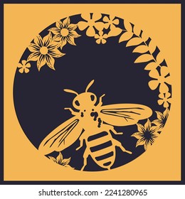 Vector template card with bee, paper cut art style, paper craft. Card template with bee illustration. 