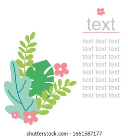 Vector template of card with flowers and leaves. Cute wedding invitation. Pink flowers, monstera, tropical leaves.