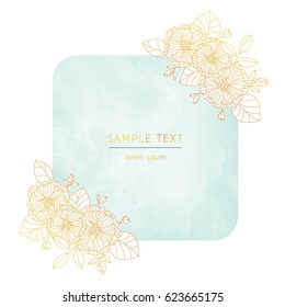 Vector template card with gold anemones  flowers. Watercolor blue mint background. Place for text