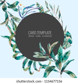 Vector template card of green tropical leaves and succulents, botanical natural vintage illustration, round frame