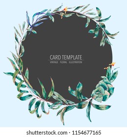 Vector template card of green tropical leaves and succulents, botanical natural vintage illustration, round frame, floral wreath