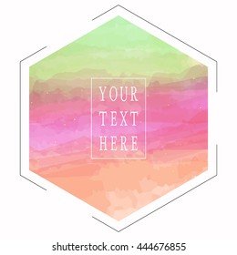 Vector template card with isolated watercolor brush strokes and gold ink spots. Pink, green and peach color. Geometric frame