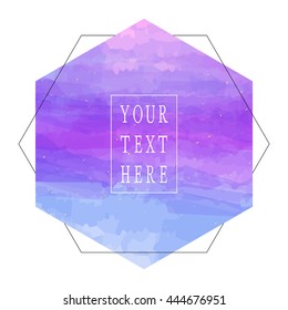 Vector template card with isolated watercolor brush strokes and gold ink spots. Pink and blue color. Geometric frame