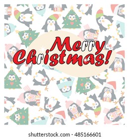 Vector template for card, paper, packing. Illustration of Merry Christmas card, paper print, background. Kawaii penguins in funny Santa Claus, Deer, Tree, winter outfit. Flat style