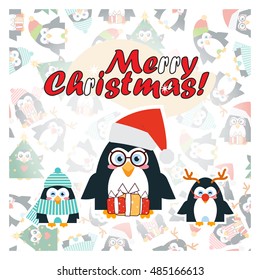 Vector template for card, paper, packing. Illustration of Merry Christmas card, paper print, background. Kawaii penguins in funny Santa Claus, Deer, Tree, winter outfit. Flat style