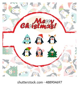 Vector template for card, paper, packing. Illustration of Merry Christmas card, paper print, background. Kawaii penguins in funny Santa Claus, Deer, Tree, winter outfit. Flat style