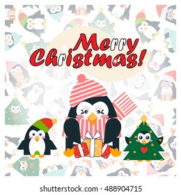 Vector template for card, paper, packing. Illustration of Merry Christmas card, paper print, background. Kawaii penguins in funny Santa Claus, Deer, Tree, winter outfit. Flat style