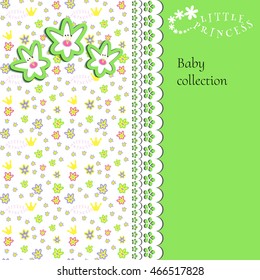 Vector template card, poster, advertising, banner of collection for little princess. Bright and happy color palette.