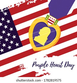 Vector template card Purple Heart Day. Badge and purple ribbon on US flag background. Celebrate honor, courage, merit. 7 august in USA banner concept