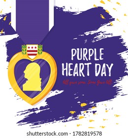 Vector template card Purple Heart Day. Badge and purple ribbon in flat style on violet paint background. Celebrate honor, courage, merit. 7 august in USA banner concept