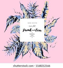 Vector template card of tropical leaves, botanical natural vintage illustration on pink background