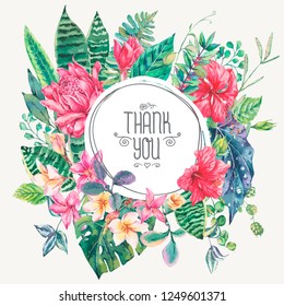 Vector template card of tropical leaves, vintage floral tropical natural elements. Exotic flowers, twigs and leaves. Botanical round frame