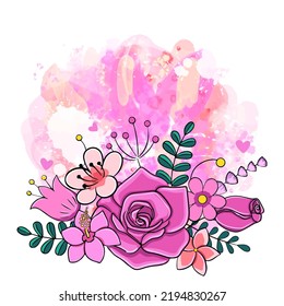 Vector template for card with watercolor pink splash and flowers