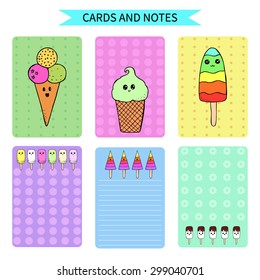 vector template for cards and notes with hand drawn kawaii ice cream