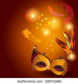 Vector template with carnival Venetian mask decorated with orange, yellow and brown feathers. The mask decorated the golden pattern.