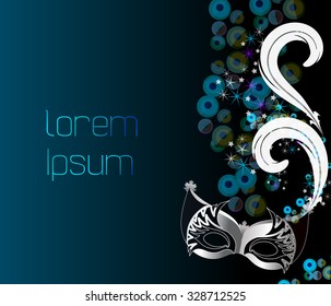 Vector template with Carnival Venetian mask with white feathers. The mask is decorated with a silver pattern. Under the mask located tinsel and stars.