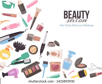 Vector template with cartoon accessories for beauty salon or brochure for spa advertisement and cover design, beautiful banner. Hairstyle, manicure and makeup beauty tools.