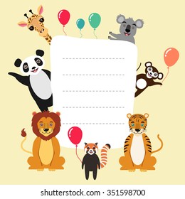 Vector template with cartoon animals. Lion, tiger, panda, monkey, koala, giraffe, red panda.