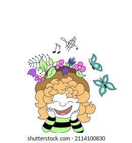 Vector template with cartoon, funny and cute laughing girl in hat made with flowers. Can be used as a greeting card, poster, textile print or other creative ideas