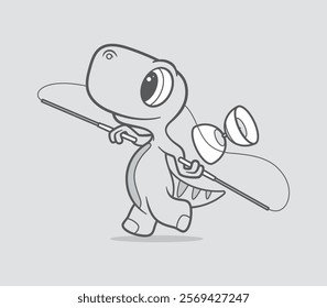 Vector template of a cartoon little dinosaur juggling a diabolo. On a gray background.