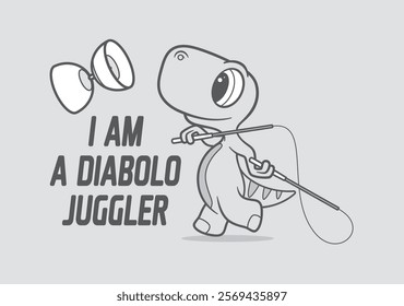 Vector template of a cartoon little dinosaur juggling a diabolo. Text: I AM A DIABOLO JUGGLER. Gray background.