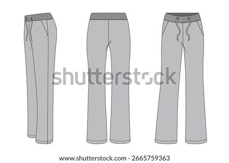 Vector template of casual jersey pants for apparel design. Grey sweatpants mockup with ribbed waistband and side pockets. Women's sweatpants technical fashion flat sketch front, back, and side views.