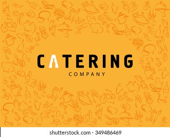 Vector template of catering company logo isolated on yellow background. Logo design collection. Catering, outdoor events and restaurant service insignia, food icon. Hand drawn cupcake, chair, sausage.